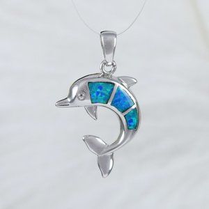 New Silver Blue Opal Dolphin Pendant Necklace